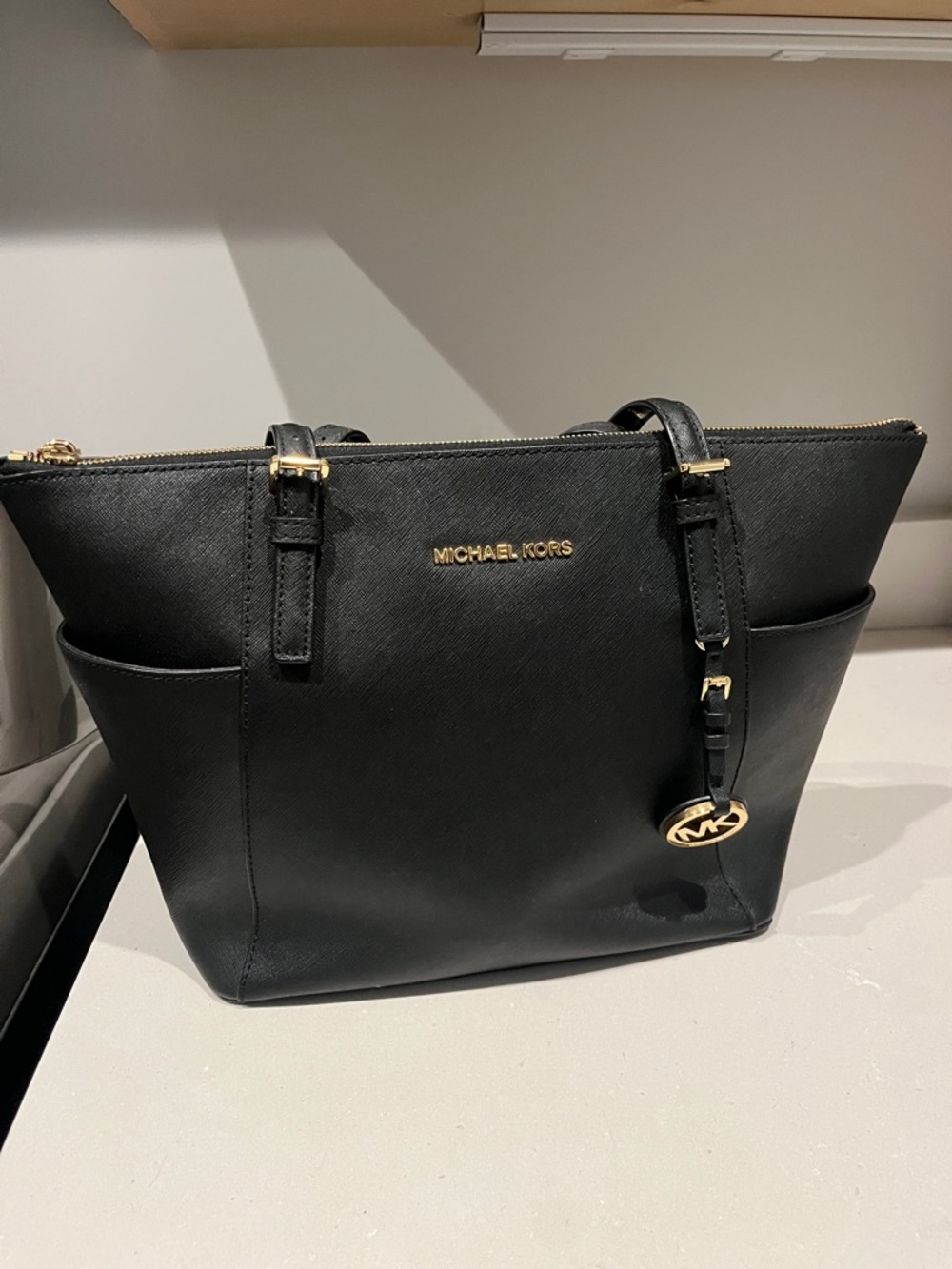 Michael Kors Black Leather Saffiano Tote with Gold Hardware